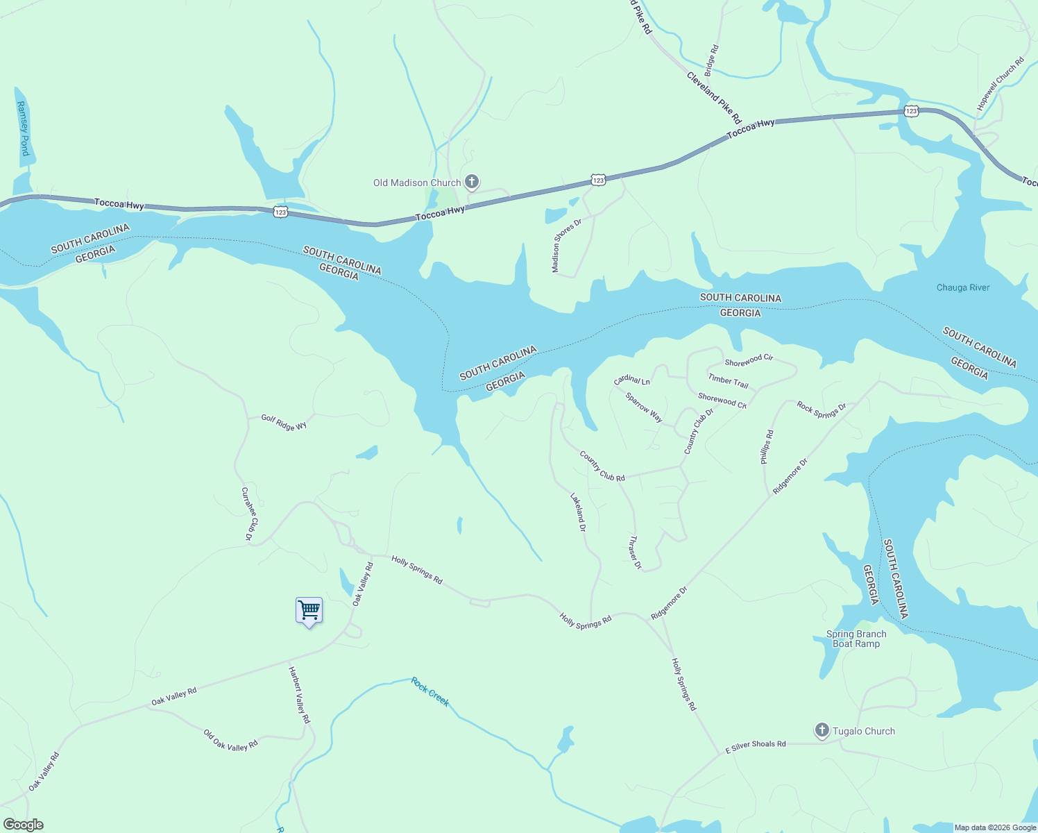 map of restaurants, bars, coffee shops, grocery stores, and more near 1100 Lakeland Drive in Toccoa