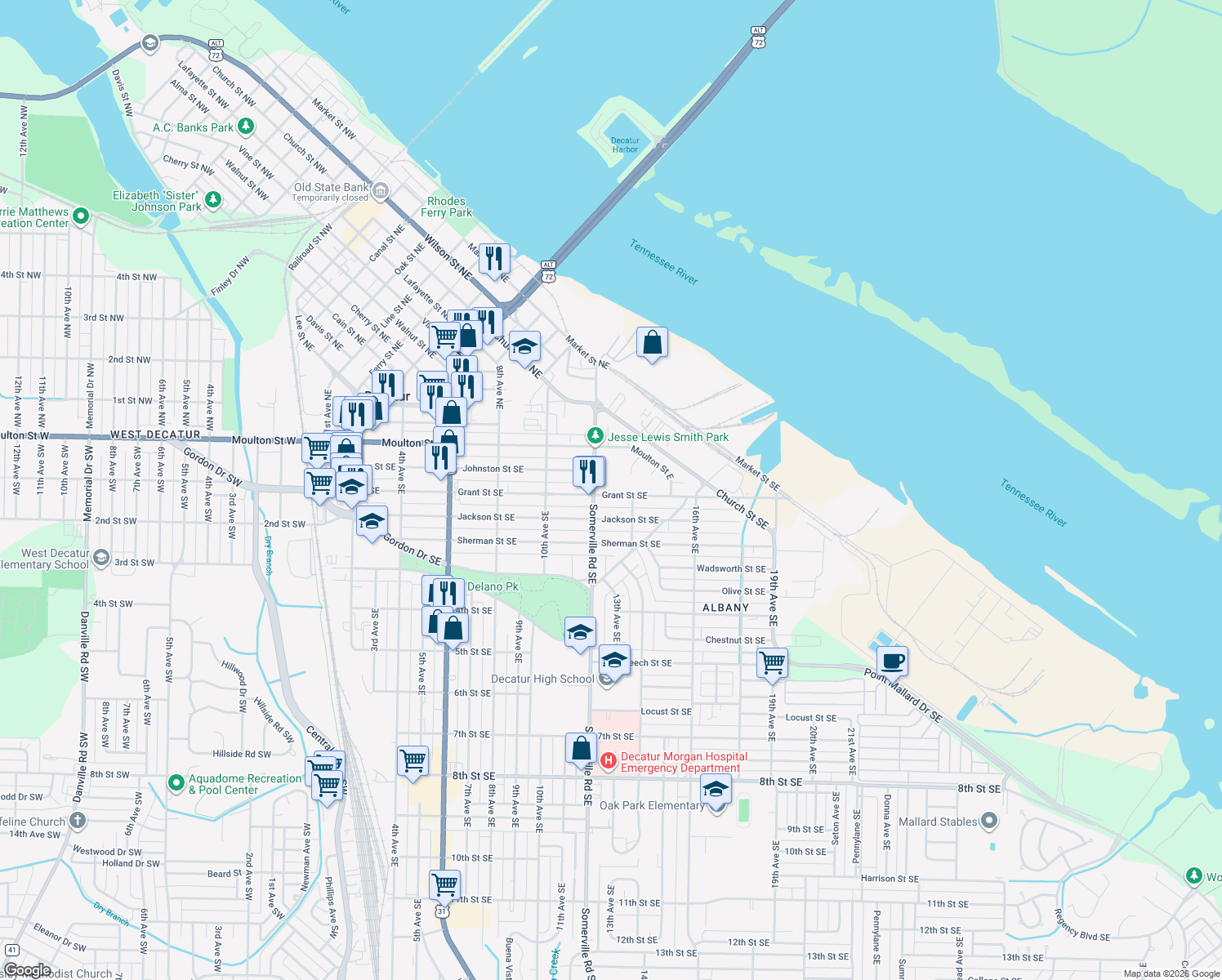 map of restaurants, bars, coffee shops, grocery stores, and more near 1210 Grant Street Southeast in Decatur