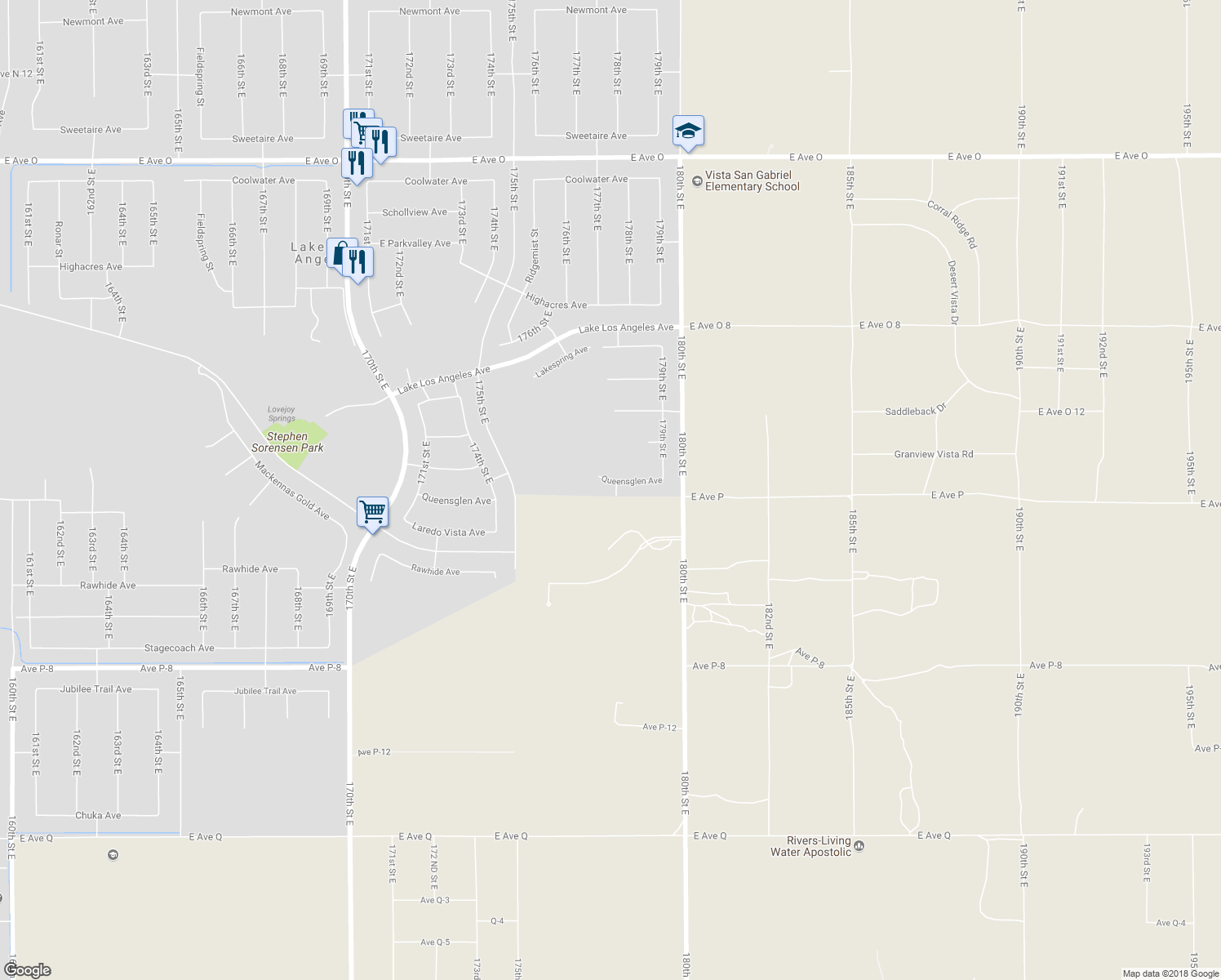 map of restaurants, bars, coffee shops, grocery stores, and more near 39605 178th Street East in Palmdale