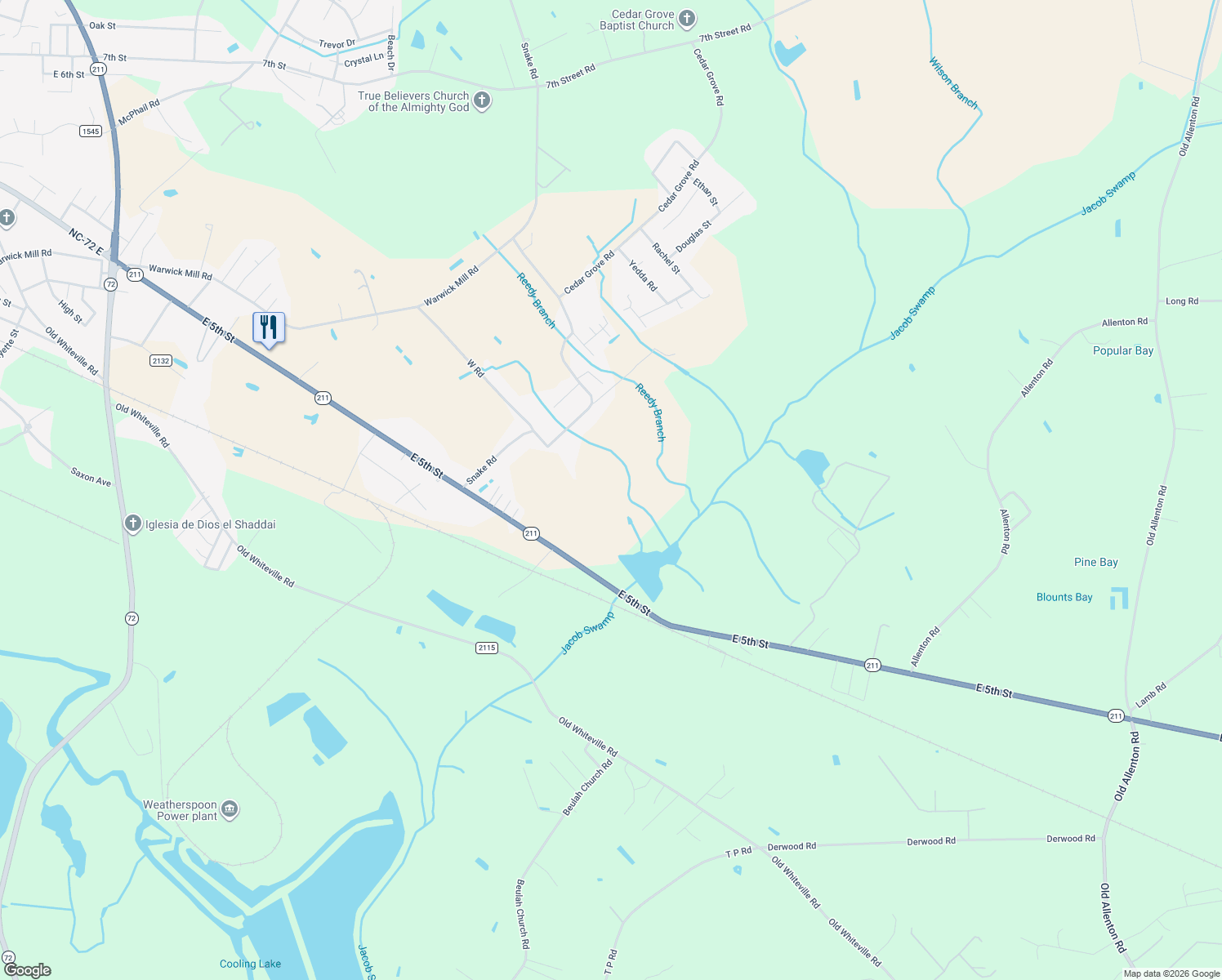map of restaurants, bars, coffee shops, grocery stores, and more near 374 Snake Road in Lumberton