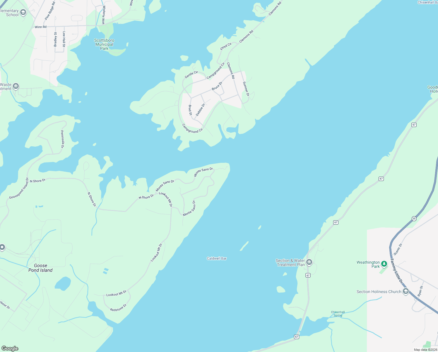 map of restaurants, bars, coffee shops, grocery stores, and more near 655 Monte Sano Drive in Scottsboro