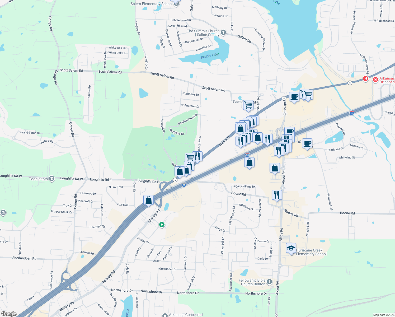 map of restaurants, bars, coffee shops, grocery stores, and more near 603 Arkansas 5 in Benton