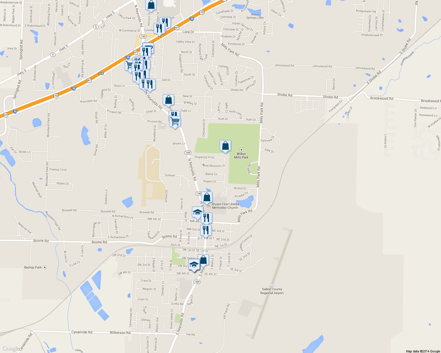 map of restaurants, bars, coffee shops, grocery stores, and more near 97 Bame Cir in Bryant