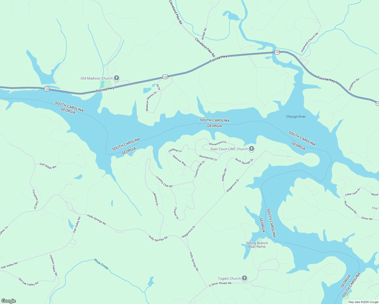 map of restaurants, bars, coffee shops, grocery stores, and more near 240 Shorewood Circle in Toccoa