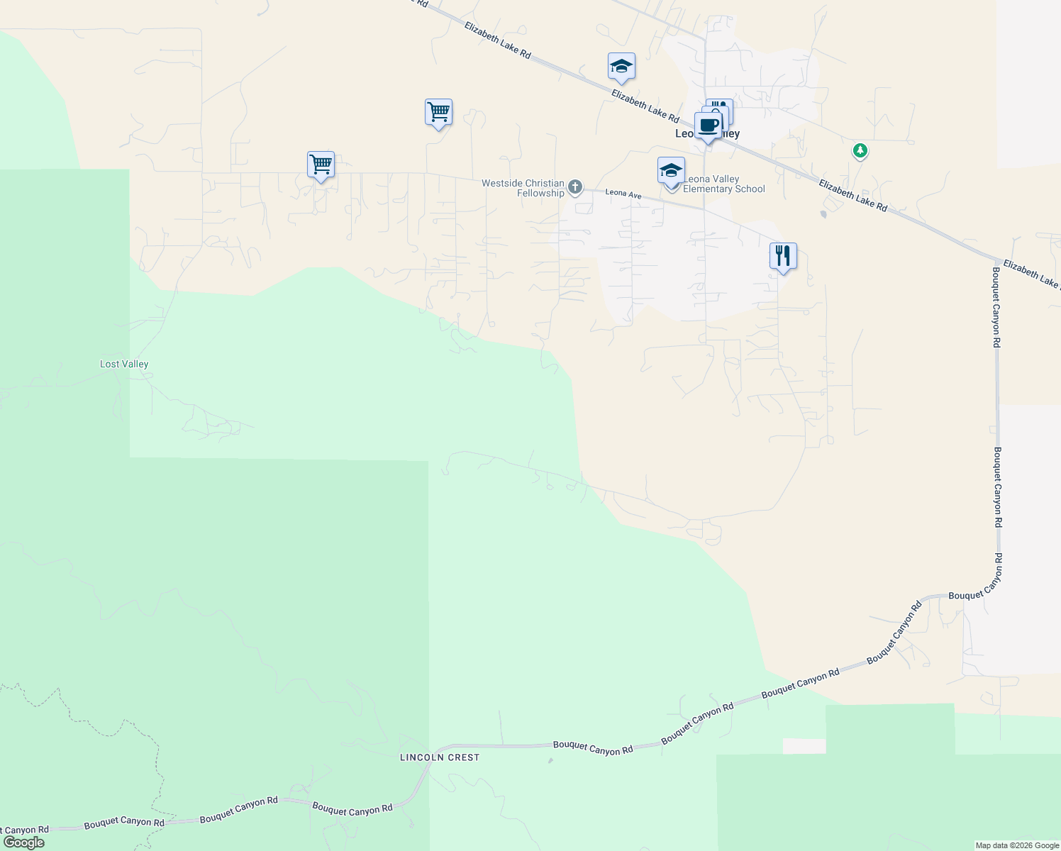 map of restaurants, bars, coffee shops, grocery stores, and more near 92nd Street West in Leona Valley