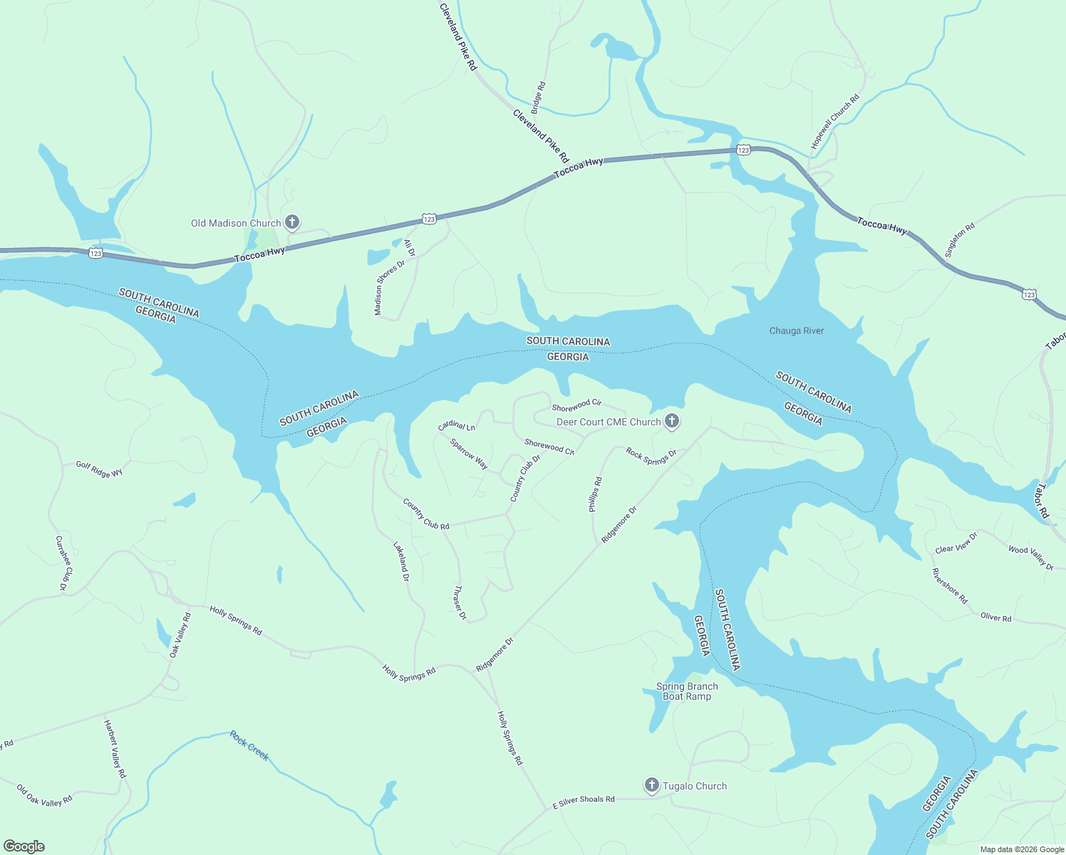 map of restaurants, bars, coffee shops, grocery stores, and more near 102 Timber Trail in Toccoa