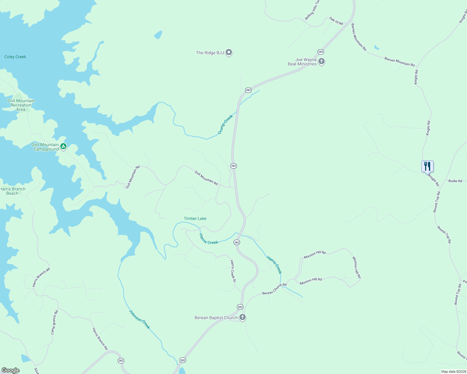 map of restaurants, bars, coffee shops, grocery stores, and more near 7056 Georgia 382 in Ellijay