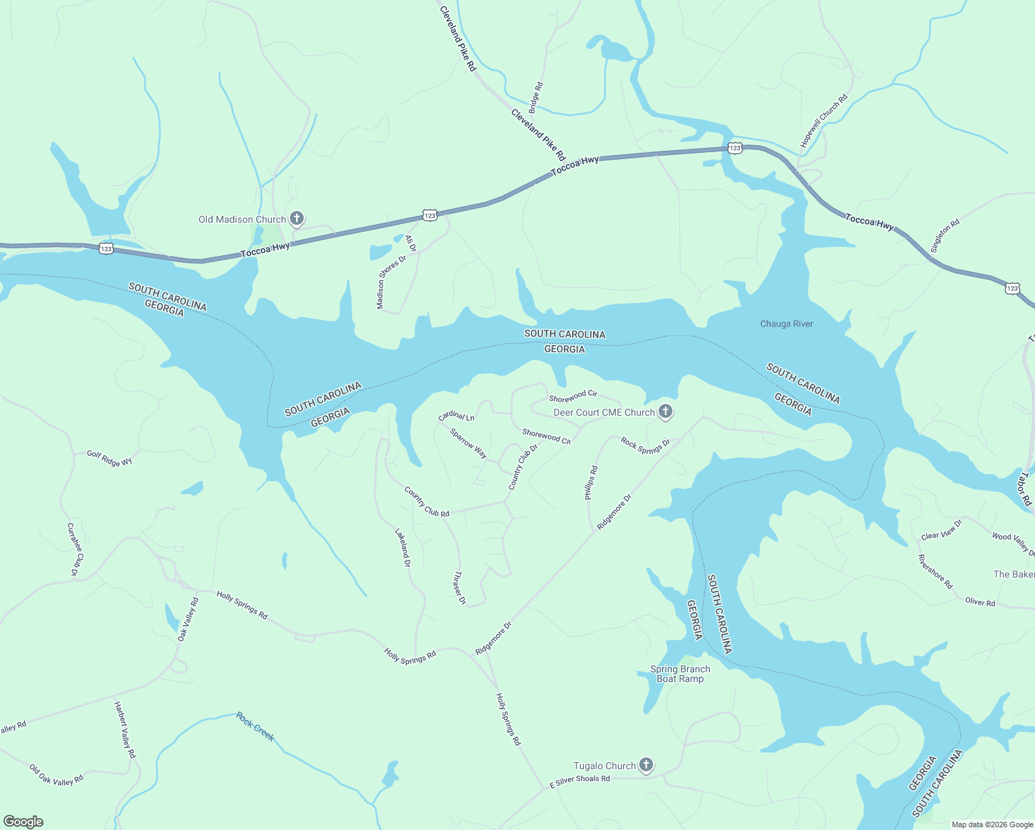 map of restaurants, bars, coffee shops, grocery stores, and more near 240 Shorewood Circle in Toccoa