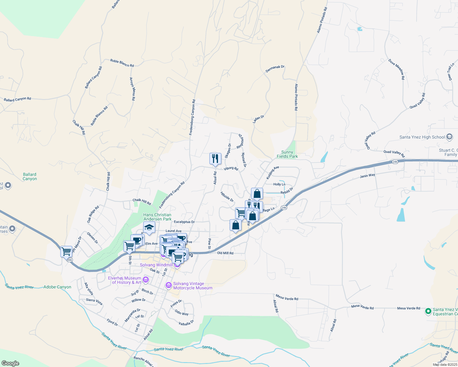 map of restaurants, bars, coffee shops, grocery stores, and more near 750 Hillside Drive in Solvang