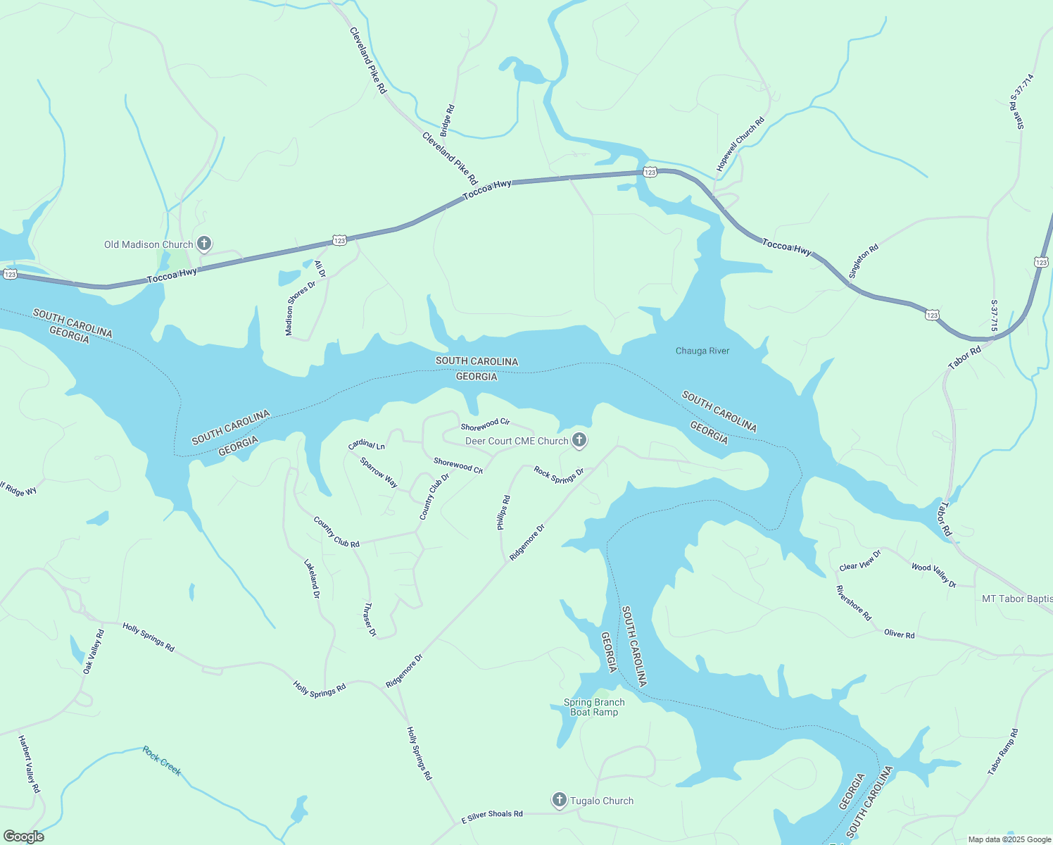 map of restaurants, bars, coffee shops, grocery stores, and more near 669 Shorewood Circle in Toccoa
