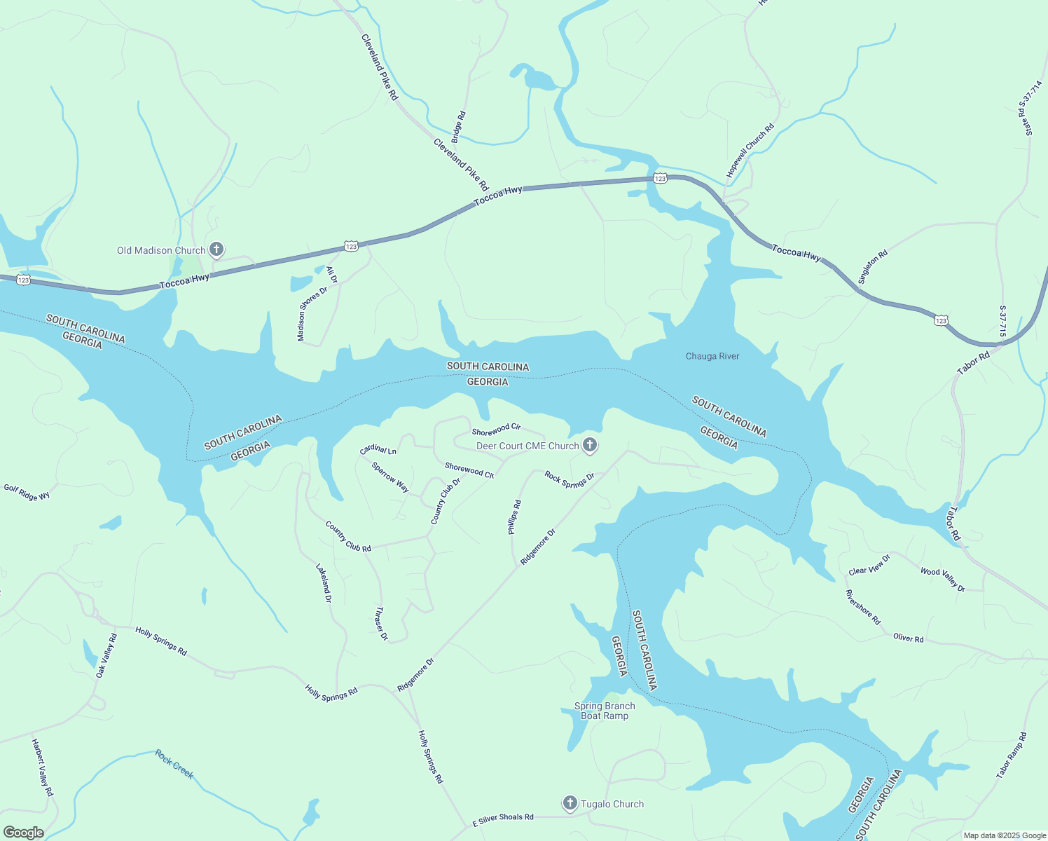 map of restaurants, bars, coffee shops, grocery stores, and more near 669 Shorewood Circle in Toccoa