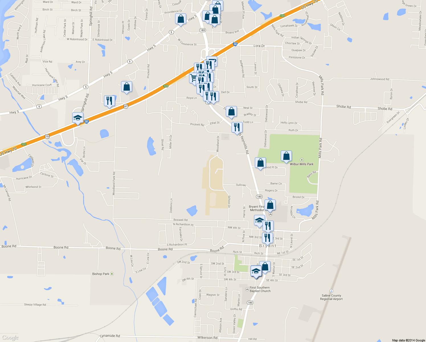 map of restaurants, bars, coffee shops, grocery stores, and more near 412 Woodland Dr in Bryant