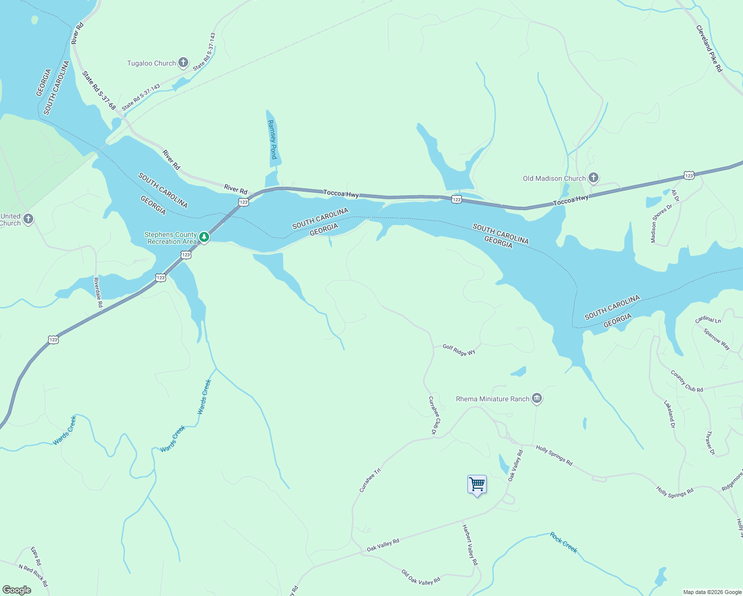 map of restaurants, bars, coffee shops, grocery stores, and more near 1399 Currahee Club Drive in Toccoa