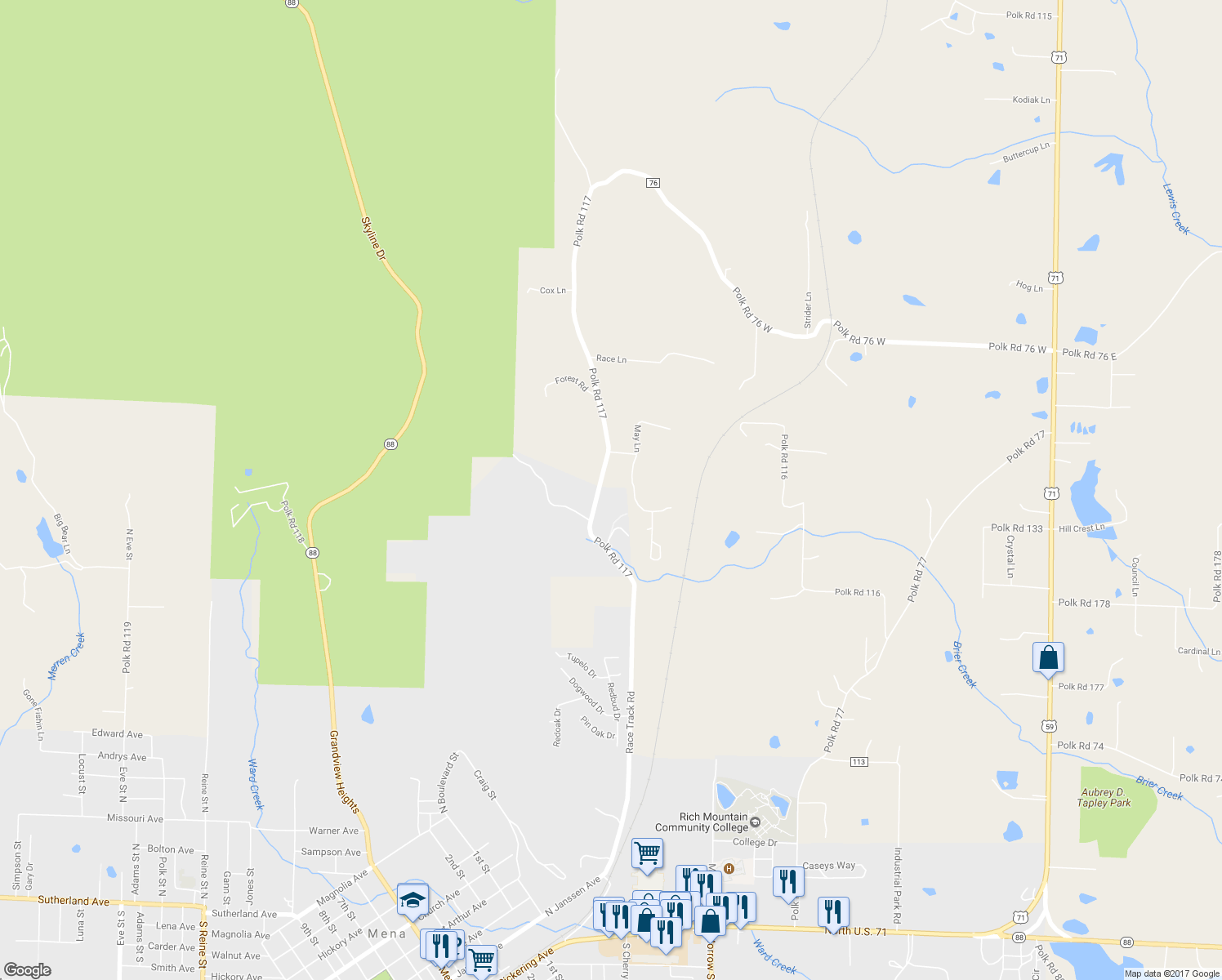 map of restaurants, bars, coffee shops, grocery stores, and more near 402 Polk Road 117 in Mena