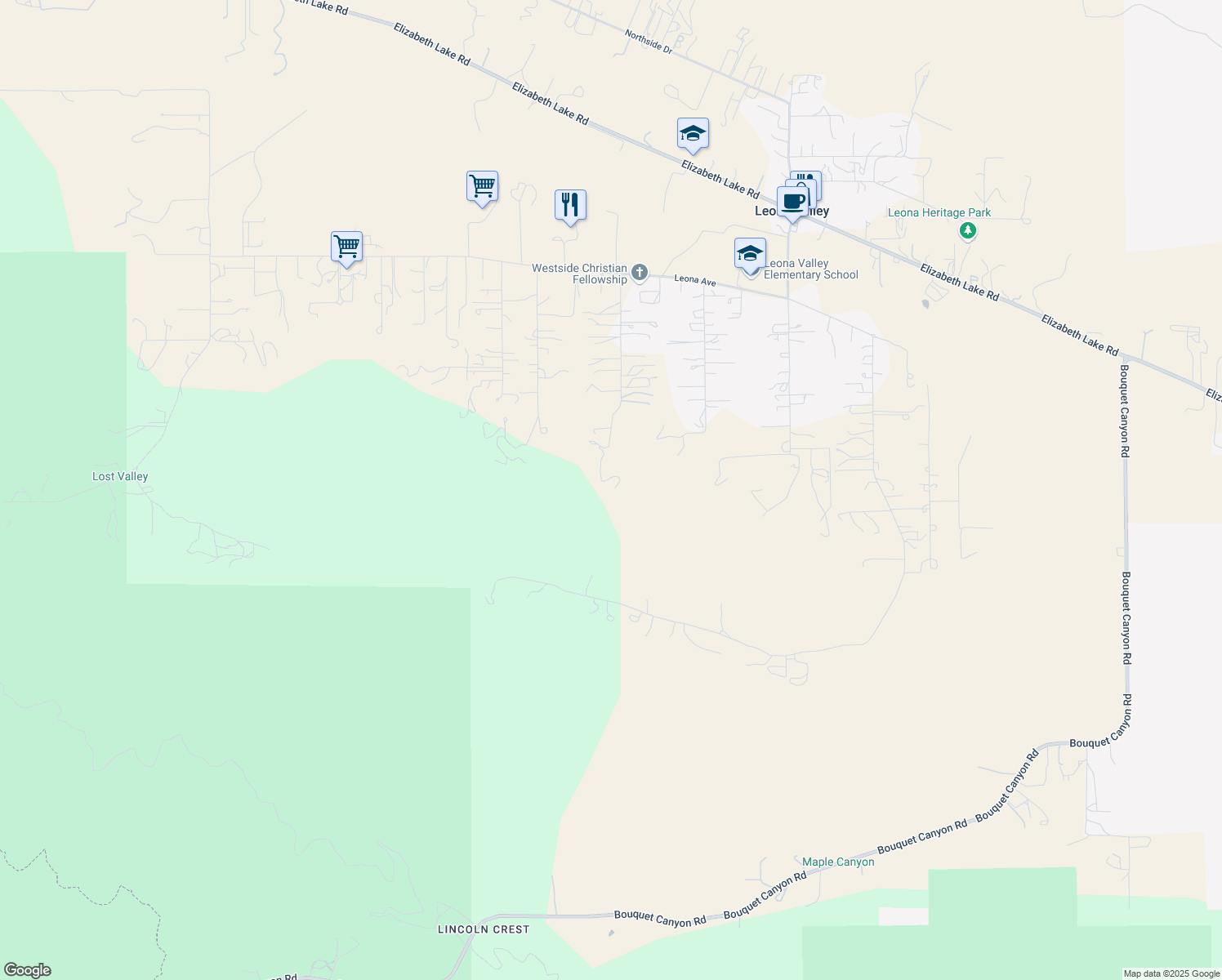 map of restaurants, bars, coffee shops, grocery stores, and more near in Leona Valley