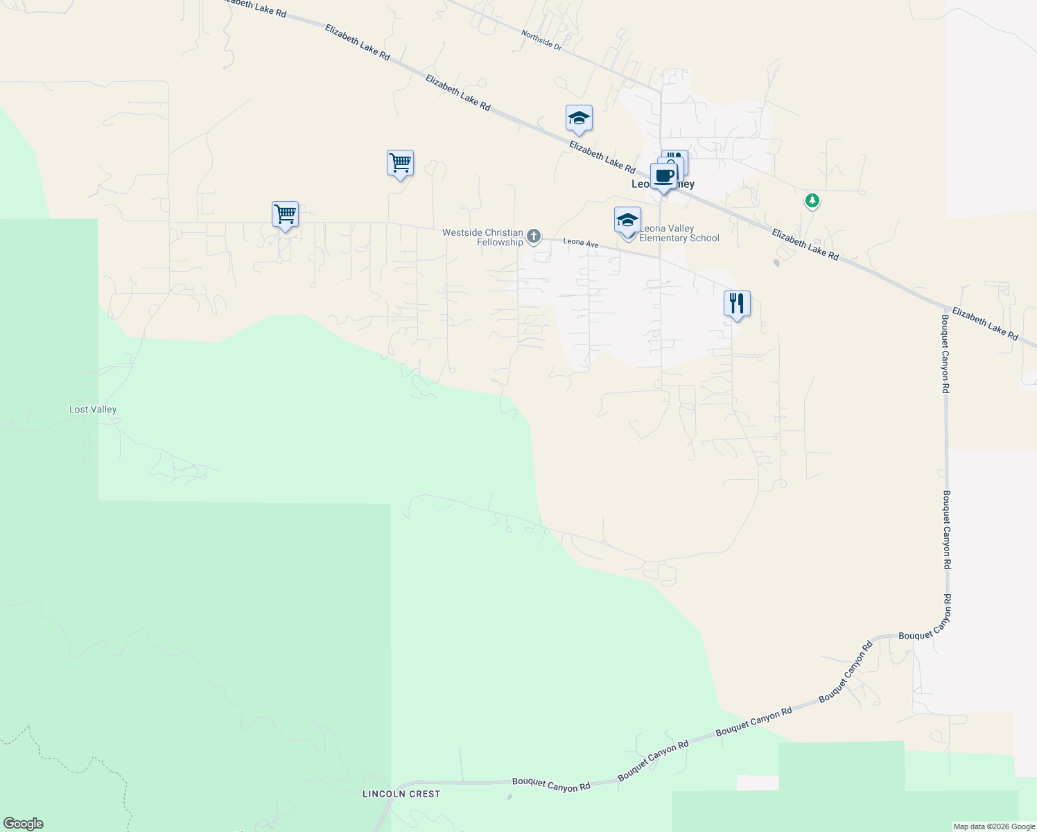 map of restaurants, bars, coffee shops, grocery stores, and more near 39910 95th Street West in Leona Valley