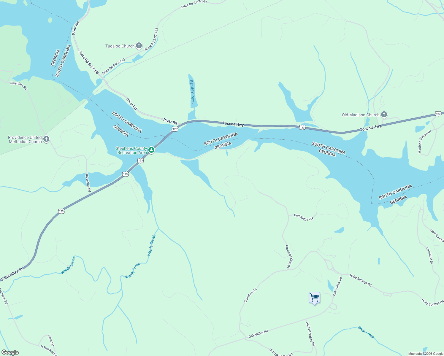 map of restaurants, bars, coffee shops, grocery stores, and more near 1634 Currahee Club Drive in Toccoa