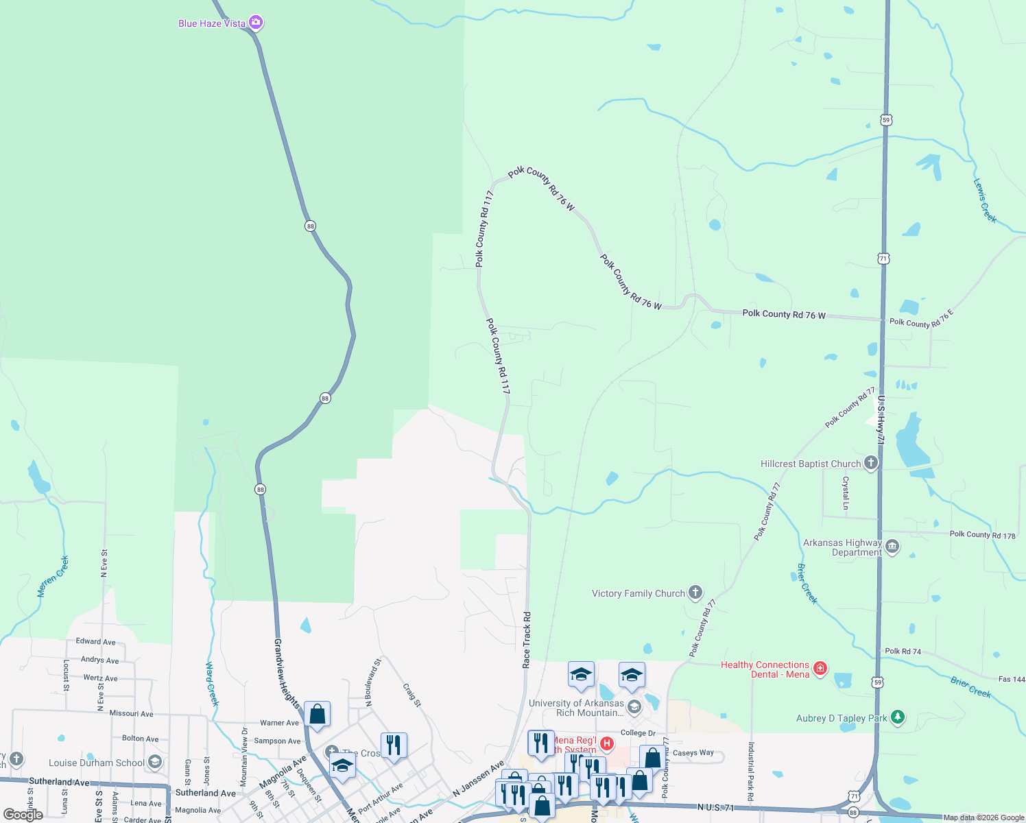 map of restaurants, bars, coffee shops, grocery stores, and more near 426 Polk Road 117 in Mena