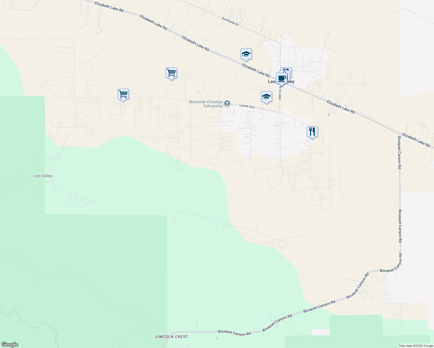 map of restaurants, bars, coffee shops, grocery stores, and more near 39900 95th Street West in Leona Valley