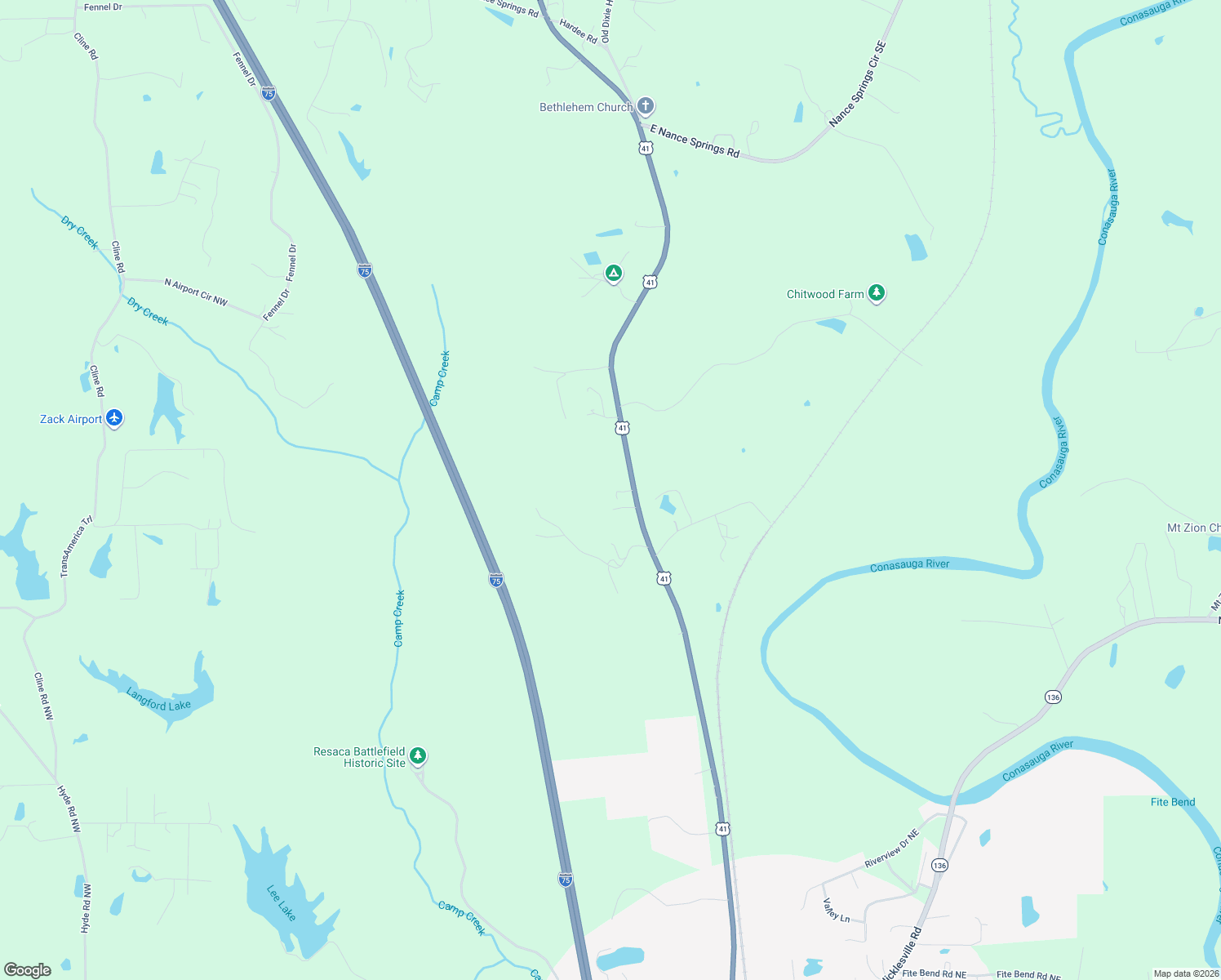 map of restaurants, bars, coffee shops, grocery stores, and more near 123 Fowler Road in Resaca