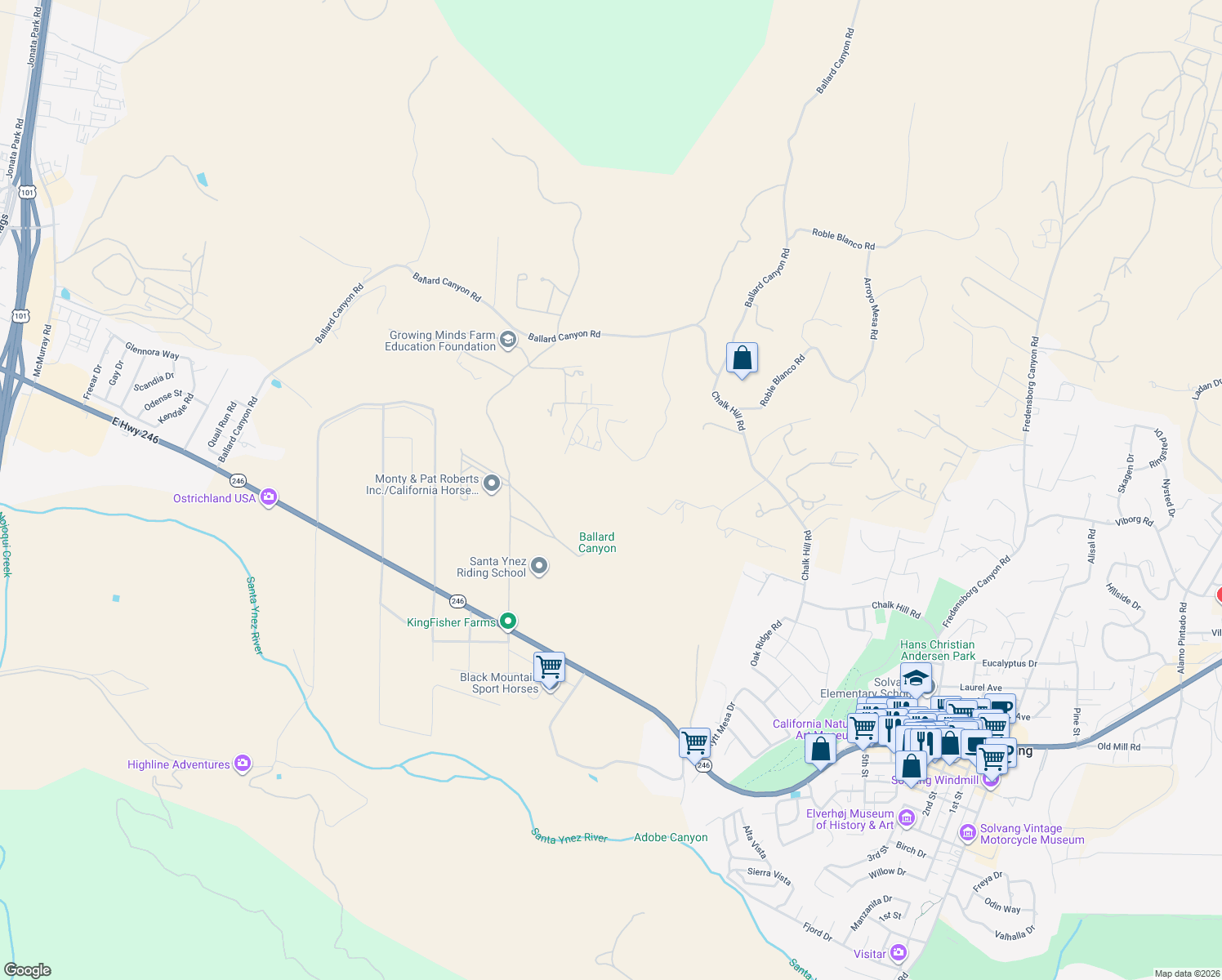 map of restaurants, bars, coffee shops, grocery stores, and more near 954 Ballard Canyon Road in Solvang