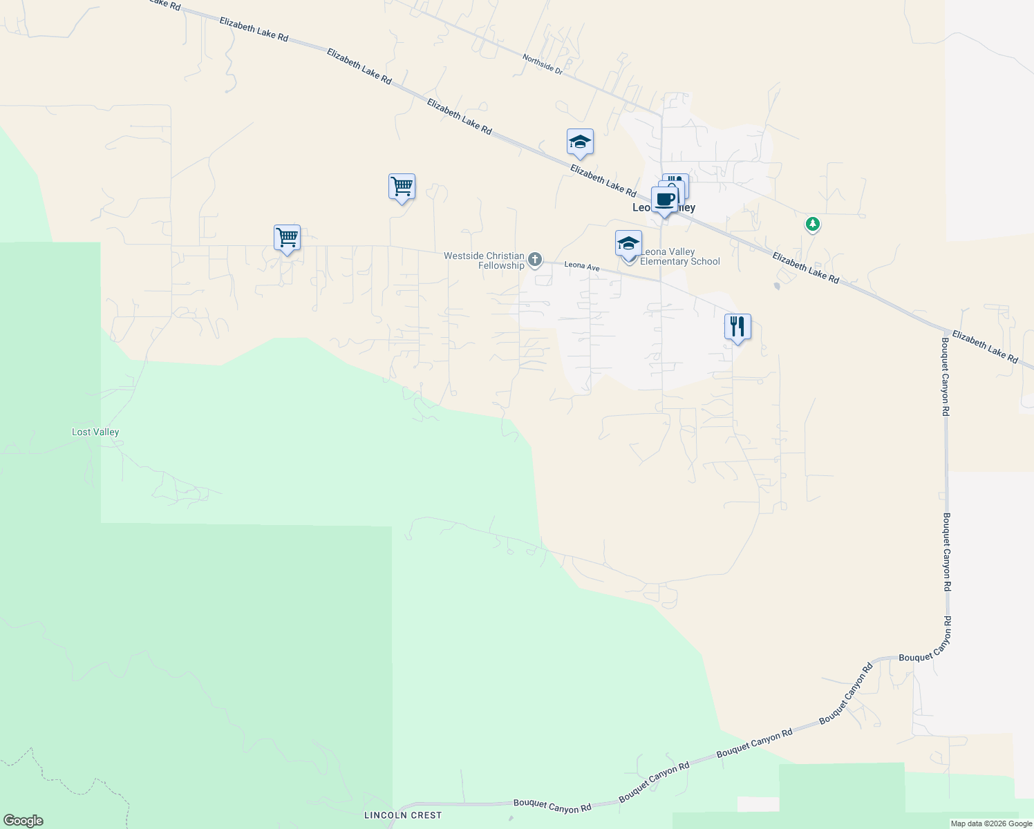 map of restaurants, bars, coffee shops, grocery stores, and more near 39910 95th Street West in Leona Valley