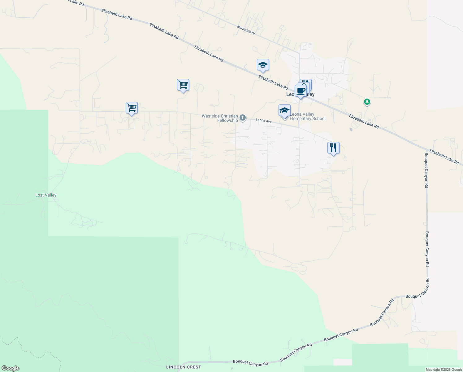 map of restaurants, bars, coffee shops, grocery stores, and more near 39910 95th Street West in Leona Valley