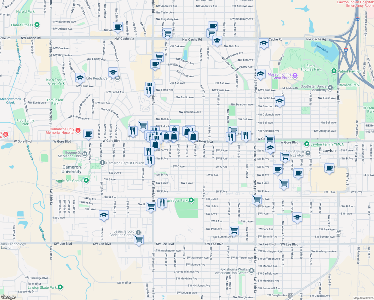 map of restaurants, bars, coffee shops, grocery stores, and more near 99 Southwest 19th Street in Lawton
