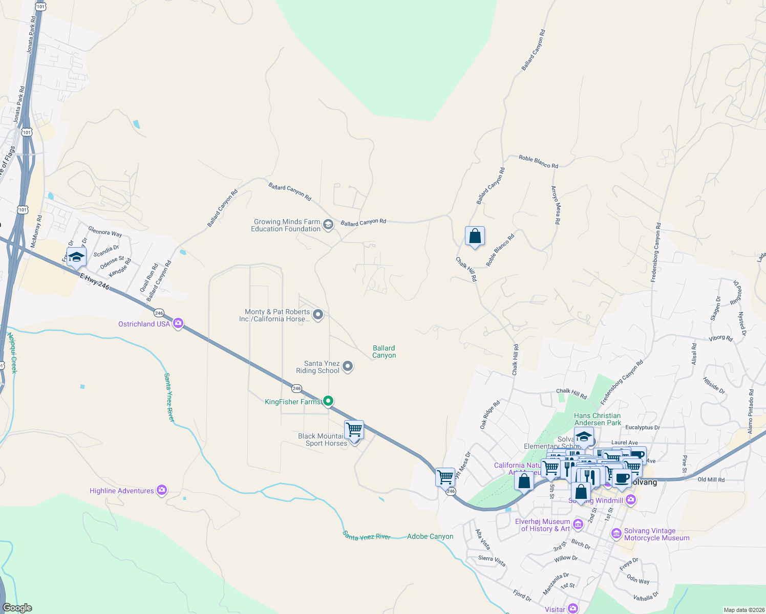 map of restaurants, bars, coffee shops, grocery stores, and more near 954 Ballard Canyon Road in Solvang