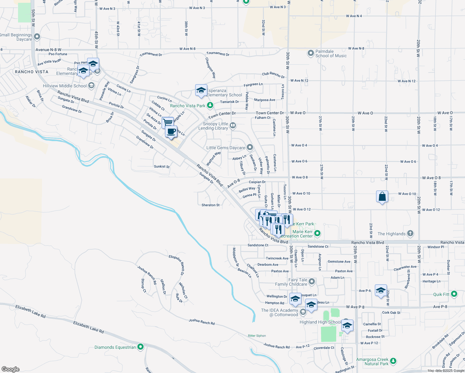 map of restaurants, bars, coffee shops, grocery stores, and more near 3425 Caspian Drive in Palmdale