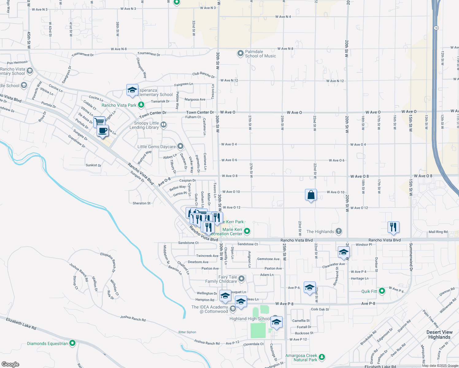 map of restaurants, bars, coffee shops, grocery stores, and more near 2828 West Avenue O 8 in Palmdale