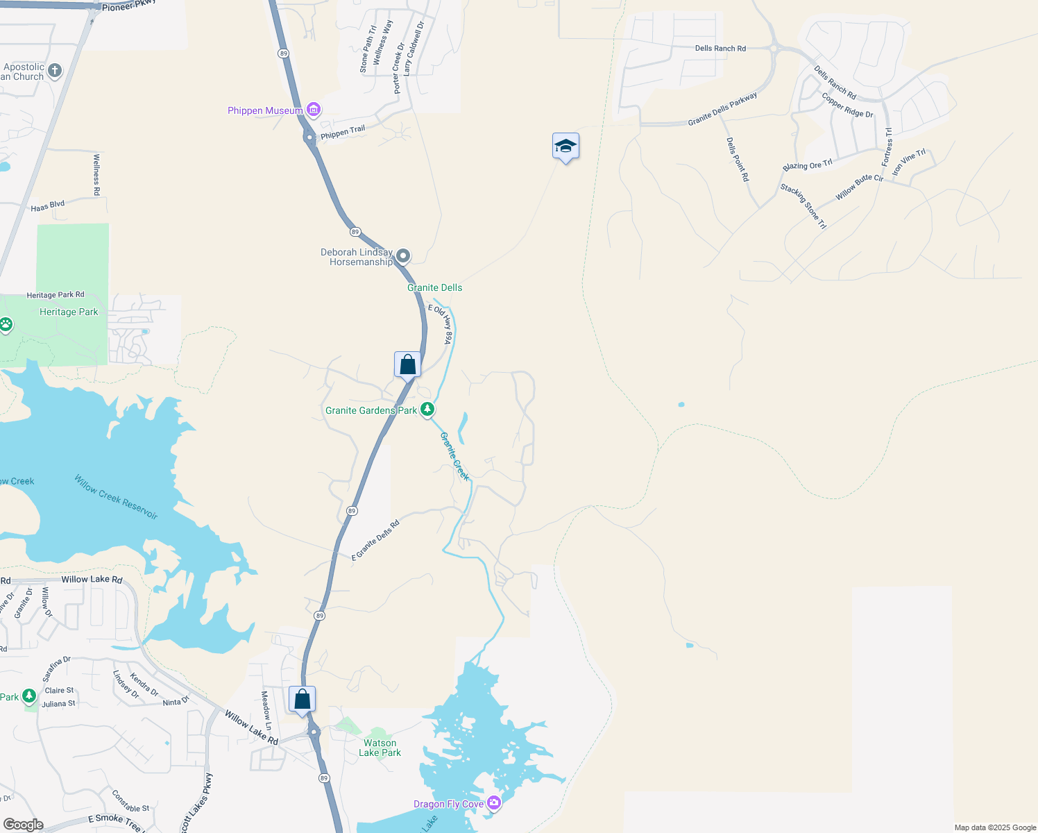map of restaurants, bars, coffee shops, grocery stores, and more near 4600 Hilltop Circle in Prescott
