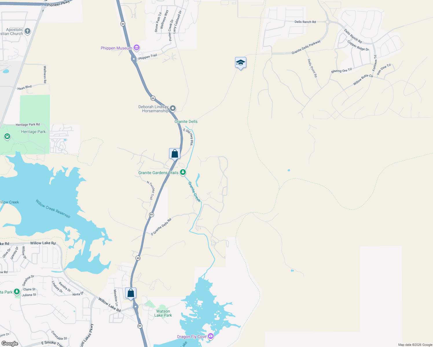 map of restaurants, bars, coffee shops, grocery stores, and more near 4600 Hilltop Circle in Prescott