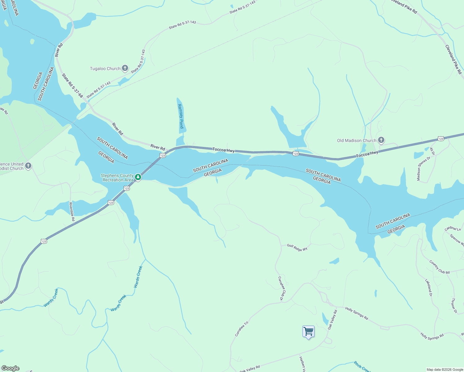 map of restaurants, bars, coffee shops, grocery stores, and more near 168 Southern Trace in Toccoa