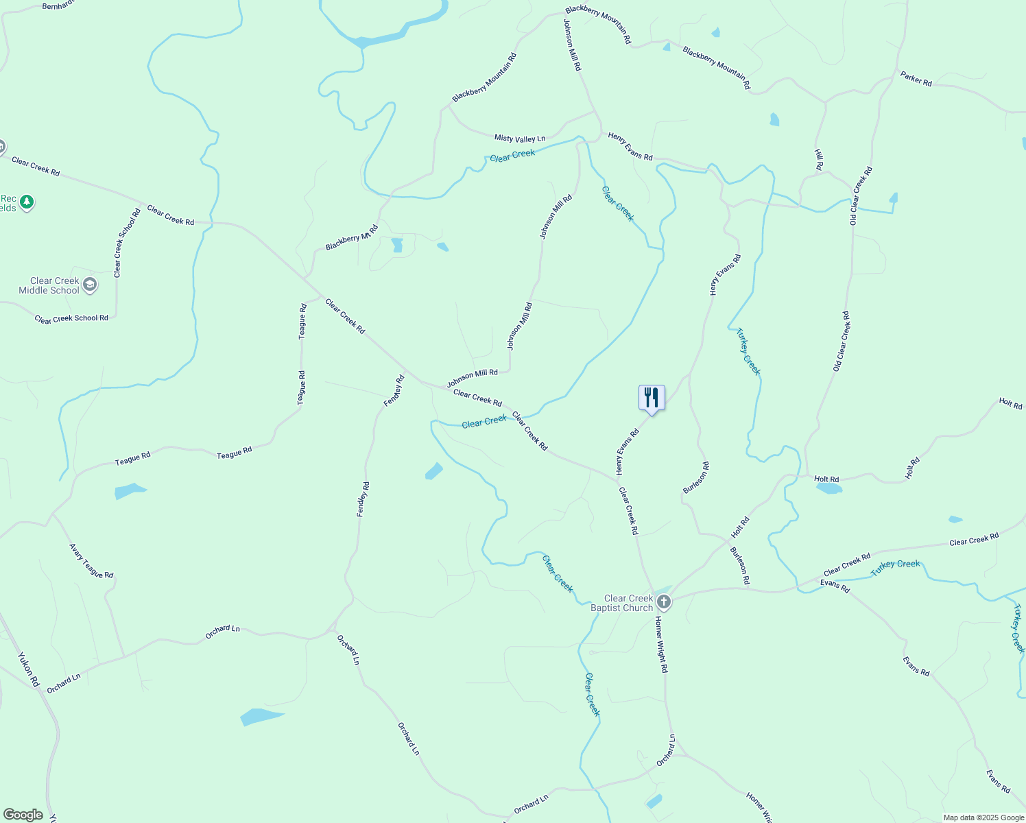 map of restaurants, bars, coffee shops, grocery stores, and more near Clear Creek Road in Ellijay
