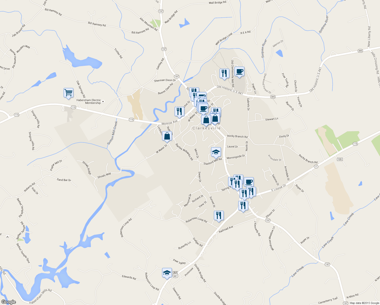 map of restaurants, bars, coffee shops, grocery stores, and more near 260 Bartley Wilbanks Rd in Clarkesville
