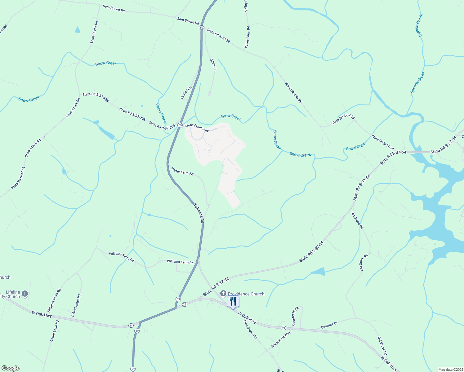 map of restaurants, bars, coffee shops, grocery stores, and more near 419 Calm Oak Drive in Seneca