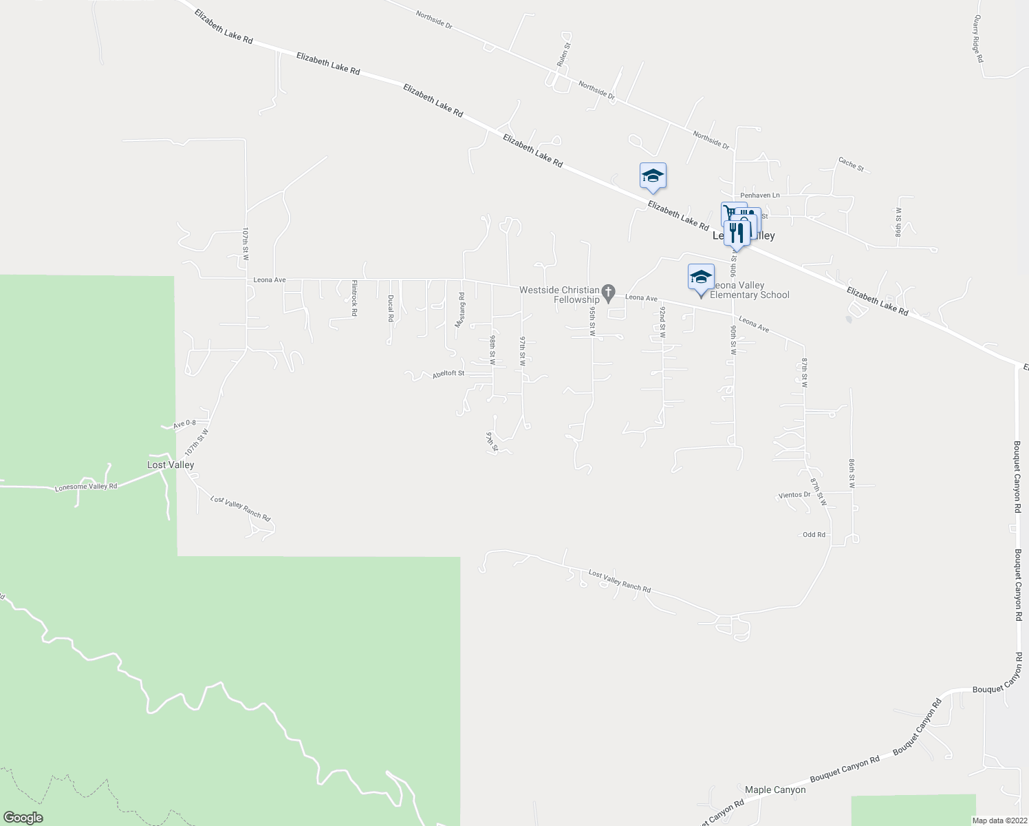 map of restaurants, bars, coffee shops, grocery stores, and more near 40021 97th Street West in Leona Valley