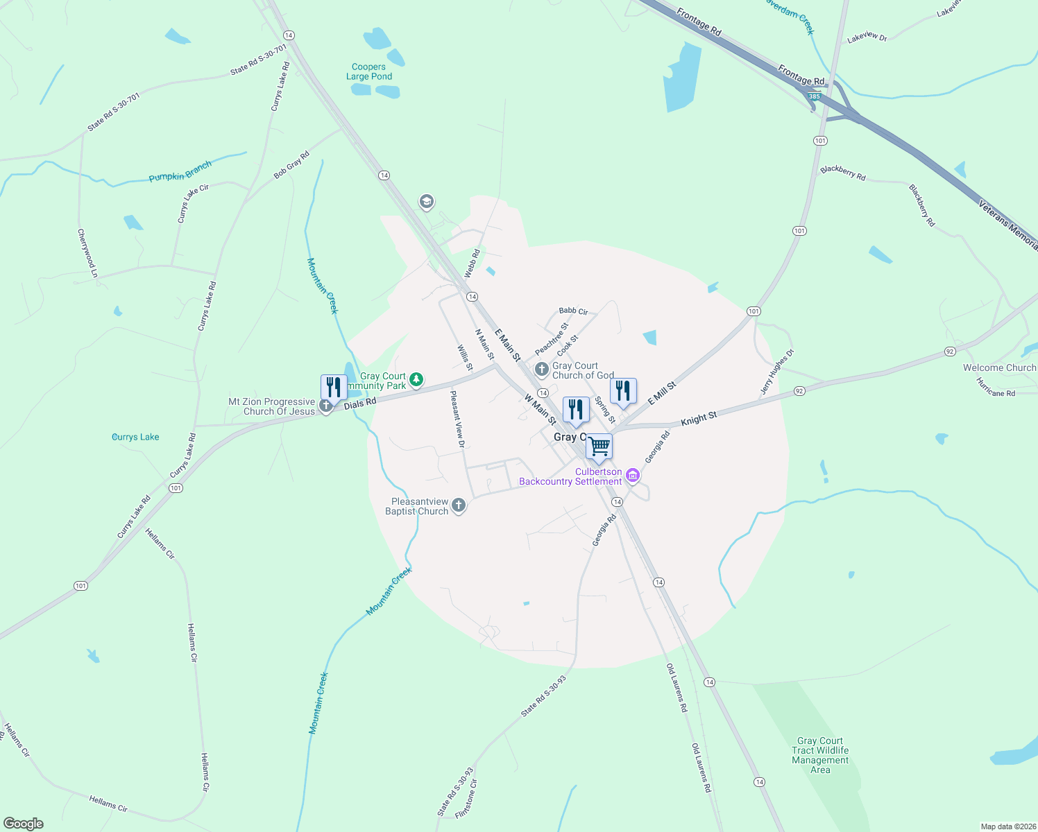 map of restaurants, bars, coffee shops, grocery stores, and more near 60 Spartan Drive in Gray Court