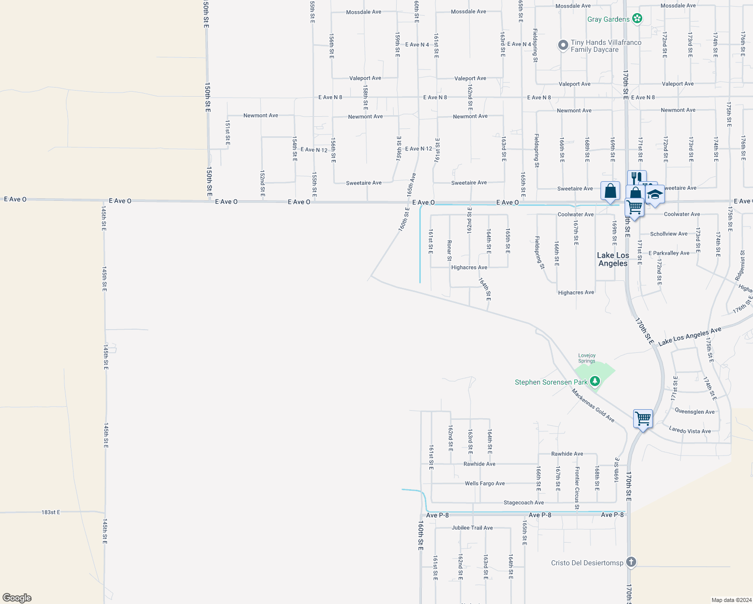 map of restaurants, bars, coffee shops, grocery stores, and more near Rancho Vista Boulevard in Palmdale