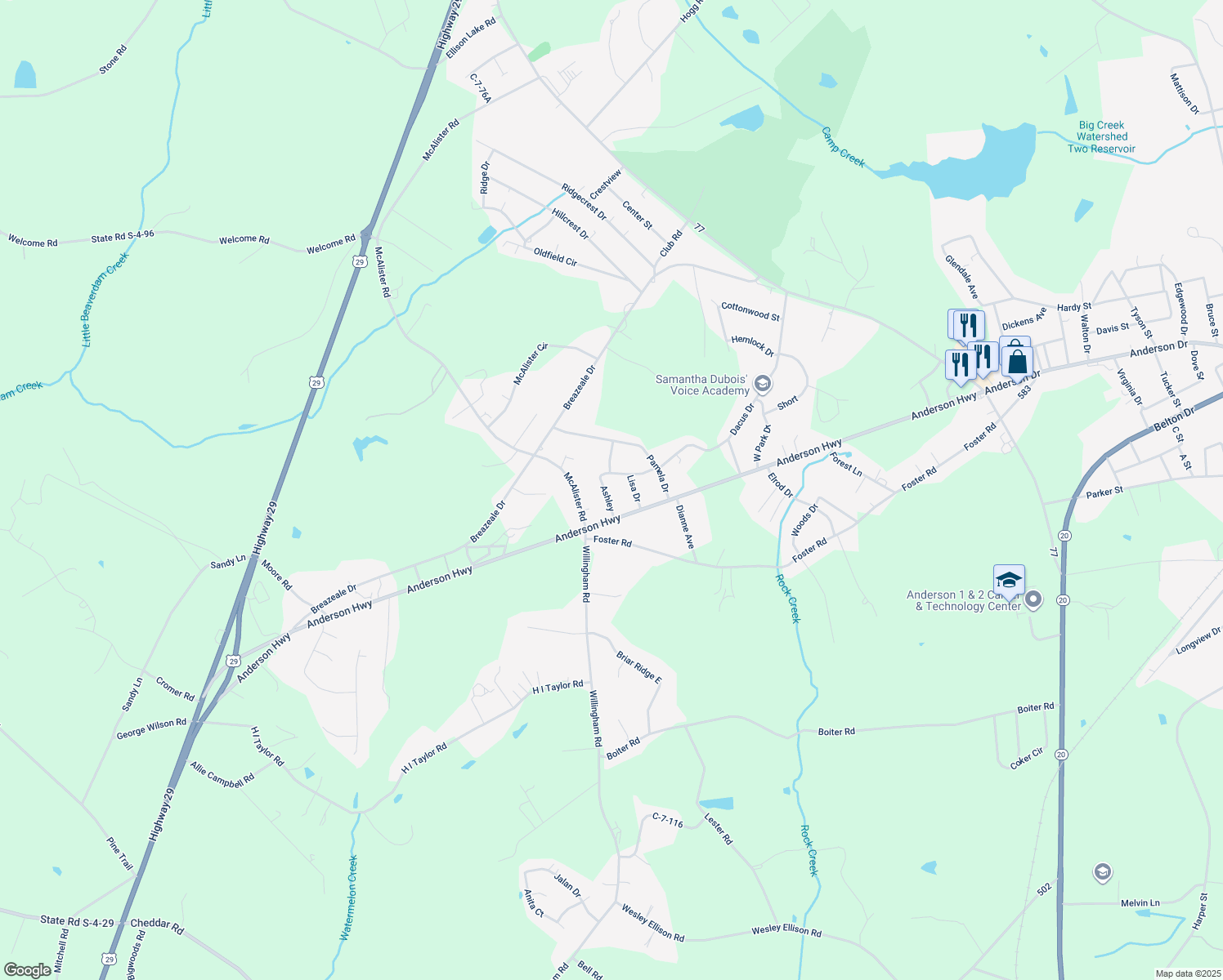 map of restaurants, bars, coffee shops, grocery stores, and more near 6 Ashley in Williamston