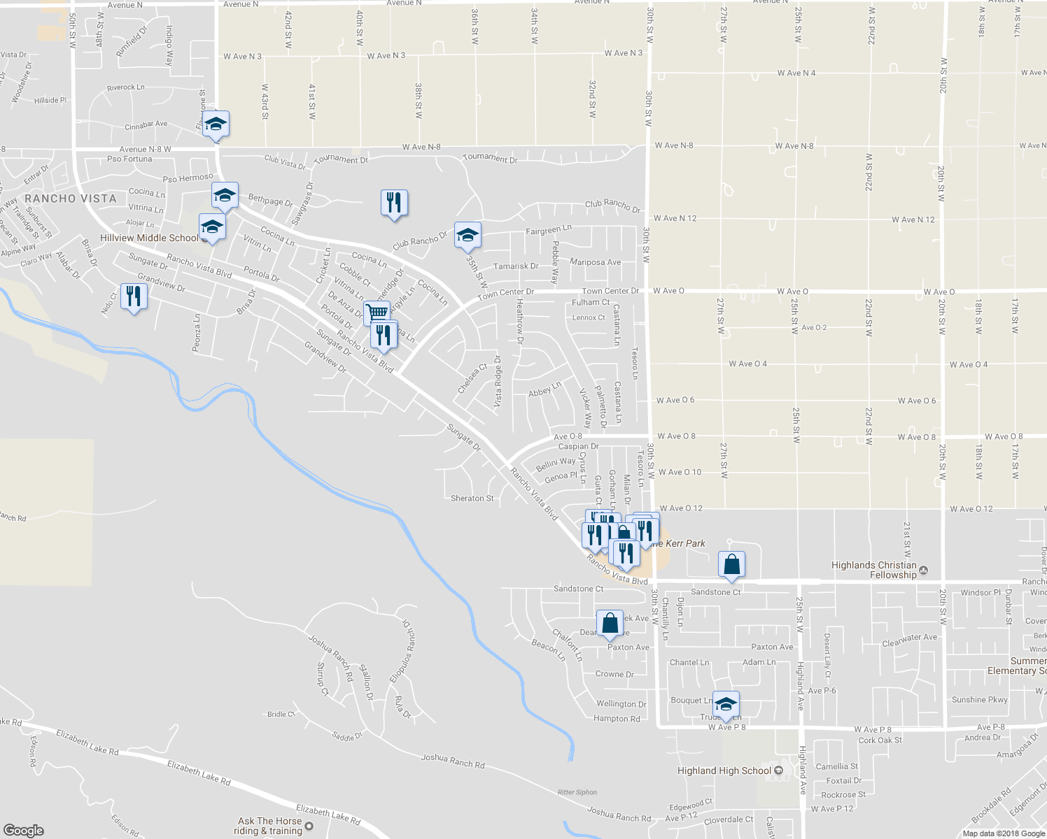 map of restaurants, bars, coffee shops, grocery stores, and more near 40029 Chalfont Court in Palmdale