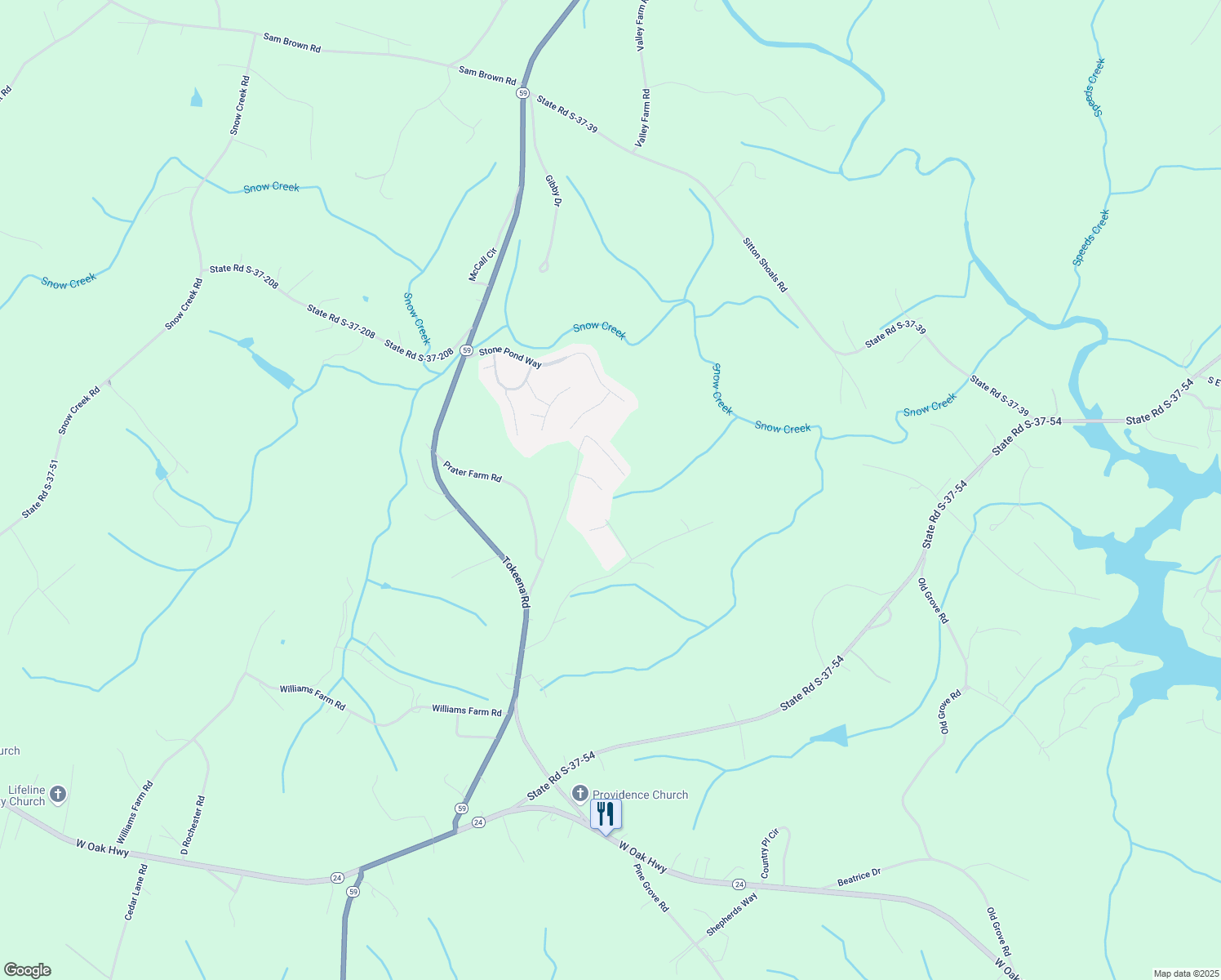 map of restaurants, bars, coffee shops, grocery stores, and more near 419 Calm Oak Drive in Seneca