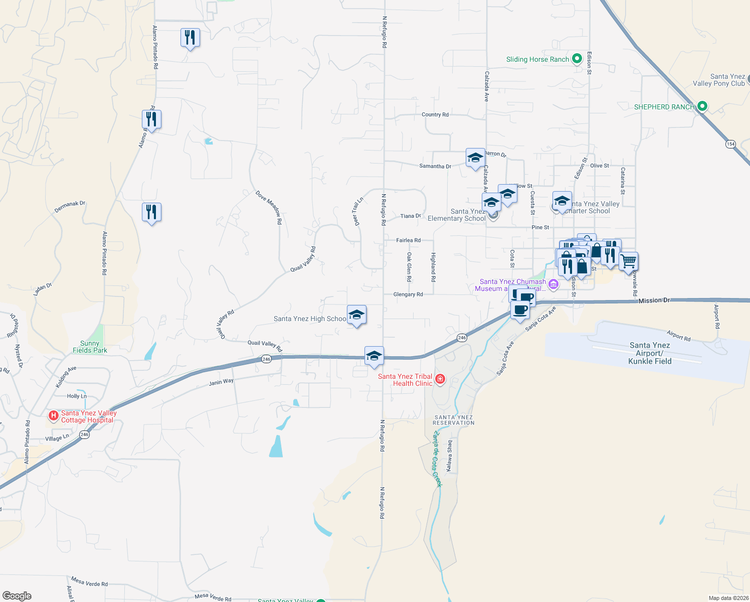 map of restaurants, bars, coffee shops, grocery stores, and more near 2981 Stadium Drive in Solvang