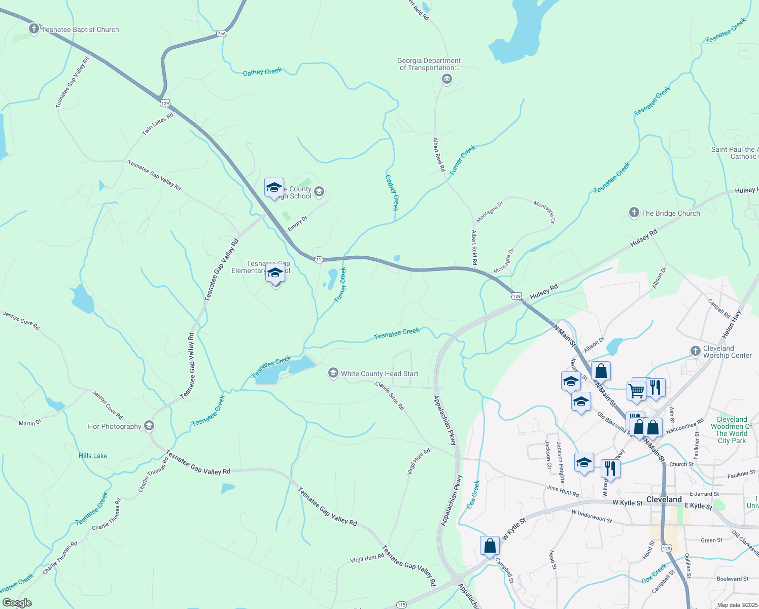 map of restaurants, bars, coffee shops, grocery stores, and more near Sang Springs Trail in White County