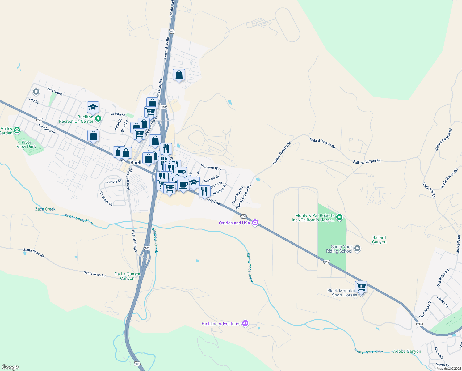 map of restaurants, bars, coffee shops, grocery stores, and more near 507 Thumbelina Drive in Buellton
