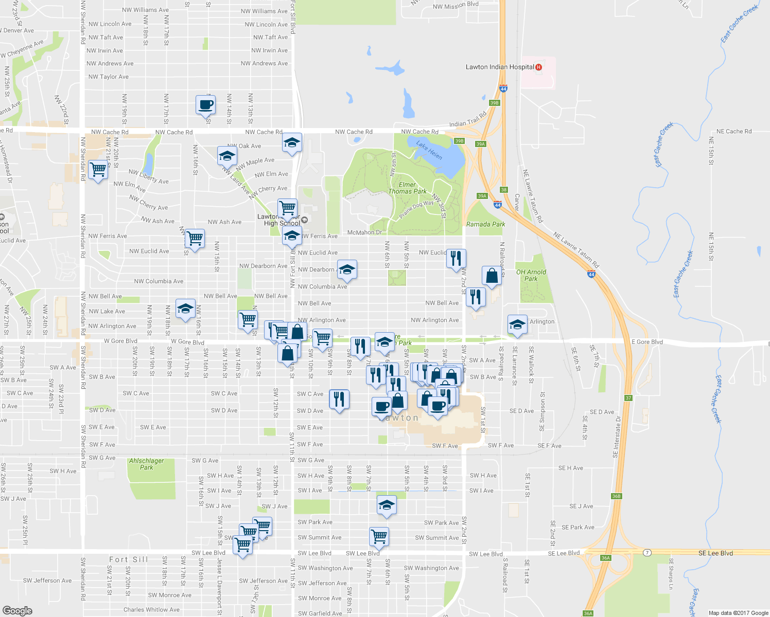 map of restaurants, bars, coffee shops, grocery stores, and more near 602 Northwest Bell Avenue in Lawton
