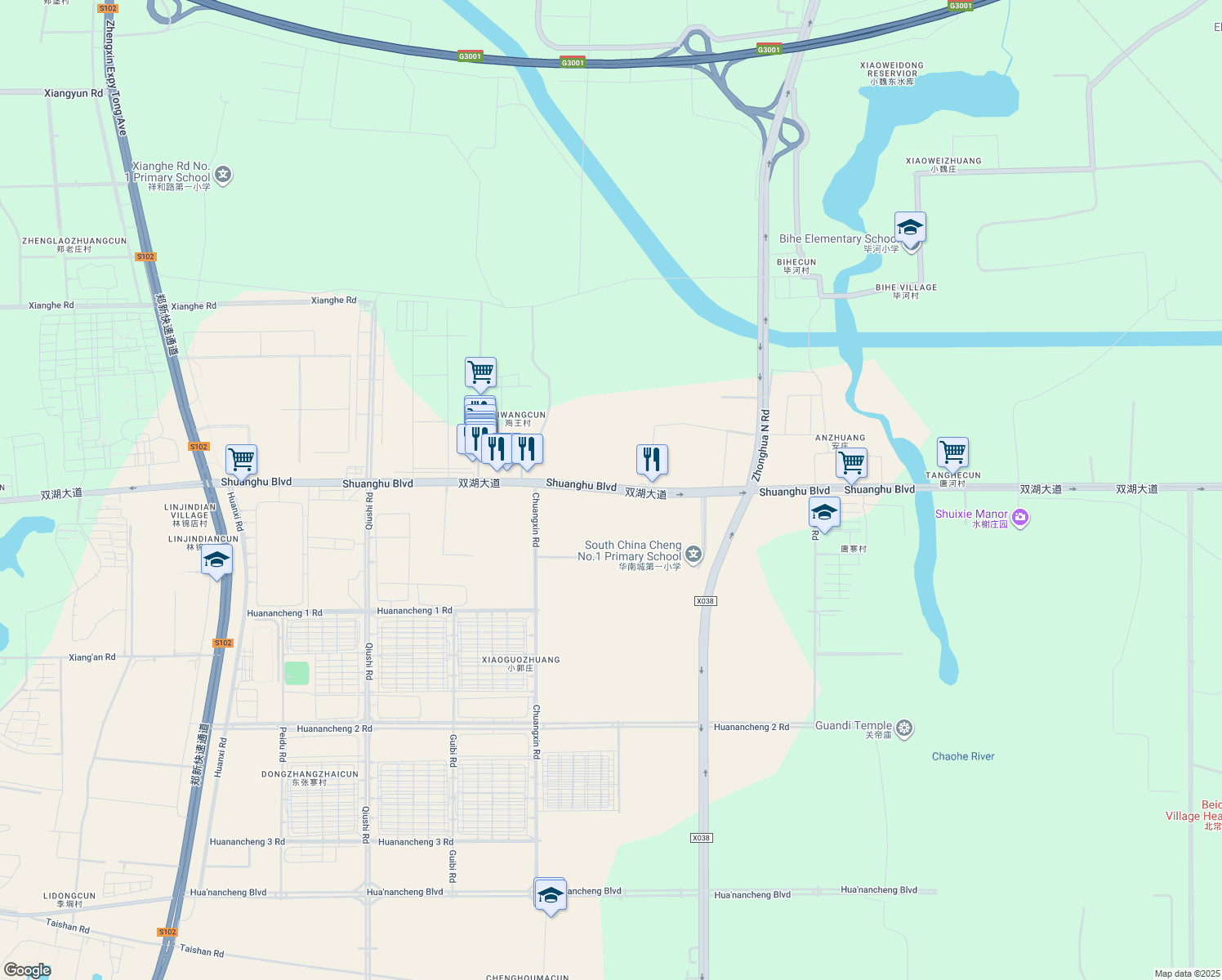 map of restaurants, bars, coffee shops, grocery stores, and more near Shuang Hu Da Dao in Zhengzhou Shi