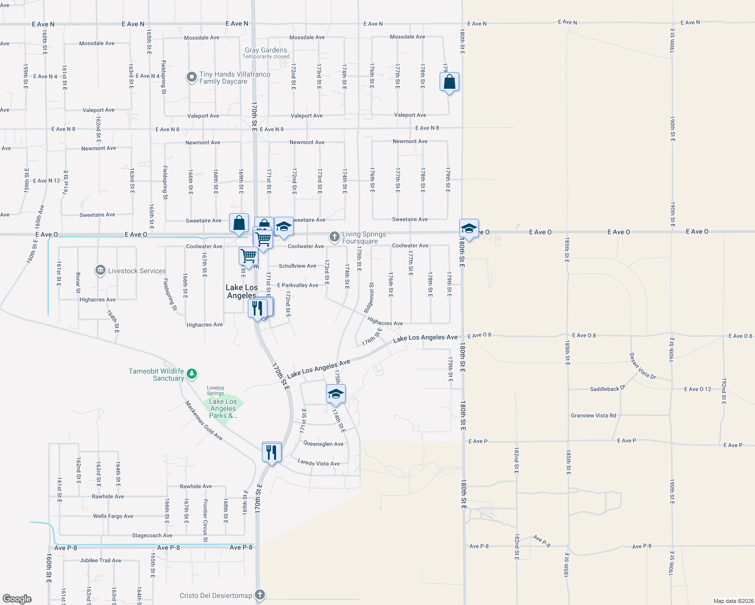 map of restaurants, bars, coffee shops, grocery stores, and more near 40140 Ridgemist Street in Lake Los Angeles