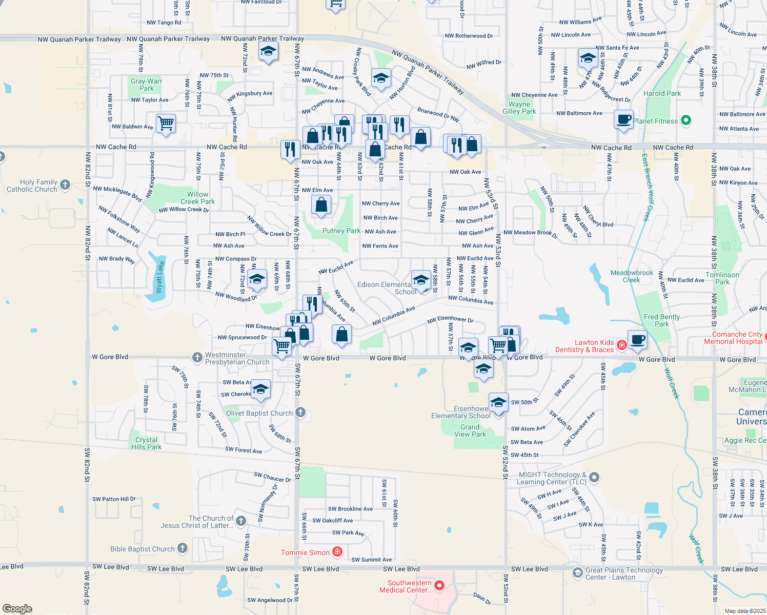 map of restaurants, bars, coffee shops, grocery stores, and more near 310 Northwest 63rd Street in Lawton
